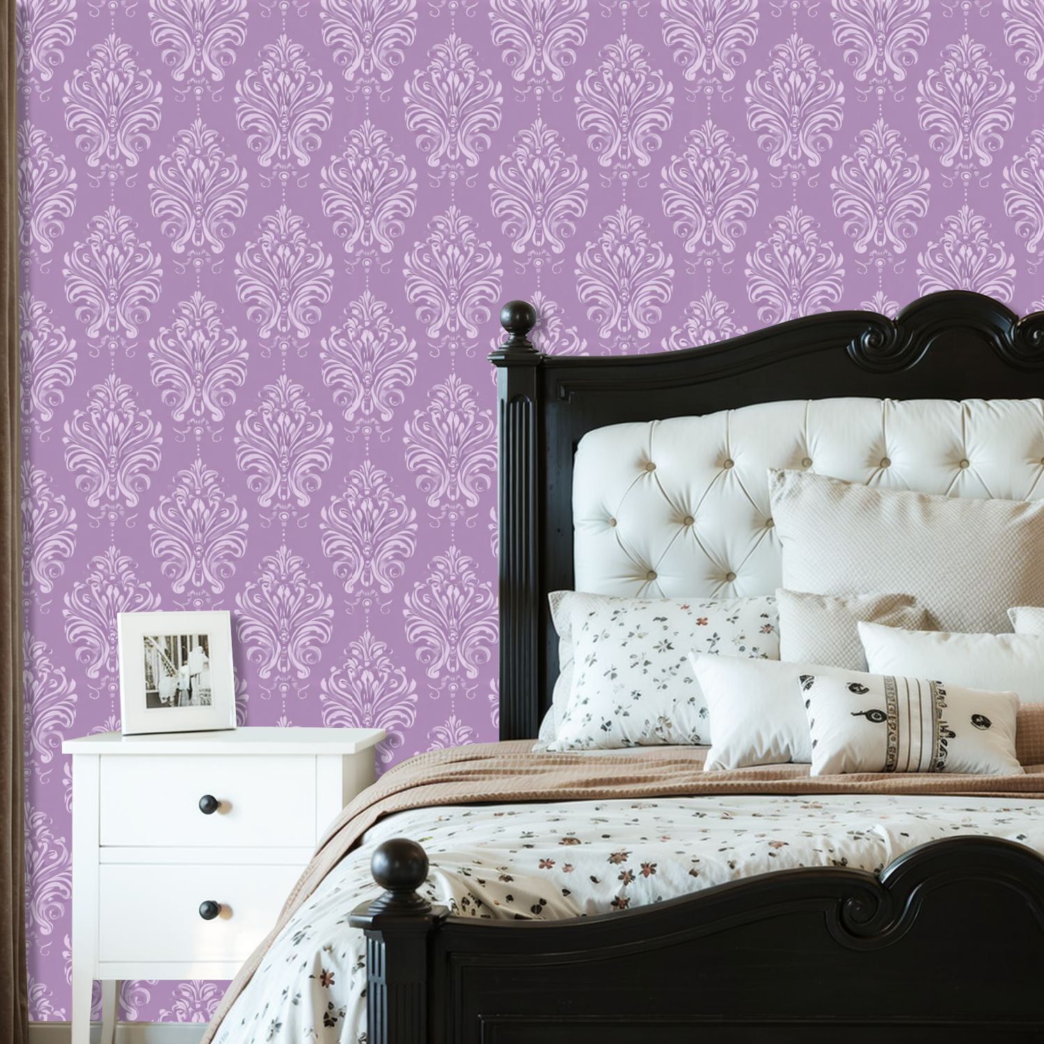 Peel and Stick Wallpaper 23.6in x 9.8ft Lavender Damask Elegant Swirls Floral Details Contact Paper Vinyl Self-Adhesive Removable Wall Paper for Bedroom DIY Home Decor Renter Friendly