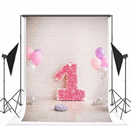 Image of ABPHOTO Polyester Brick Wall Photography Backgrounds Pink Rose 1st Birthday Photo Backdrops White Balloons Studio Backgrounds Backdrop for Party Decoration 5x7ft
