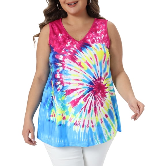 Agnes Orinda Women's Plus Size Tank Top Tie Dye V-neck Sleeveless Tshirts Summer Casual Basic Tees 1X Blue