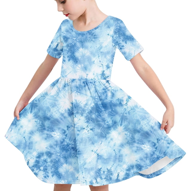 Odeerbi Niñas Gradiente Tie-Dye Skater Vestido Verano Flamed Swing Vestido Niños Manga Corta Elástico Vestido de Una Línea