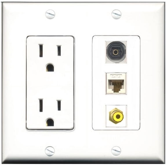 RiteAV - 15 Amp Power Outlet 1 Port RCA Yellow 1 Port Toslink 1 Port Cat6 Ethernet Ethernet White Decorative Wall Plate