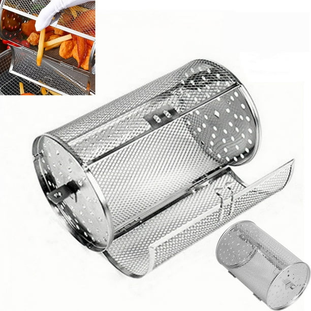 Parrilla Giratoria de Acero Inoxidable, Cesta para Asar Alitas de Pollo, Jaula para Asar Barbacoa con Cuerda Automática de 360 Grados.