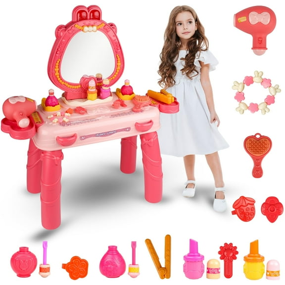 Hot Bee Pretend Play Girls Vanity Set with Mirror, Pretend Play Toddler Makeup Vanity Table Toys, 29Pcs Toddler Vanity Set for Kids, Princess Vanity Toys for 2 3 4 5 Year Old Girls Gift