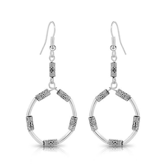 Besheek Handmade Silvertone Tibetan Rope Boho Chic Dangle Hoop Earrings