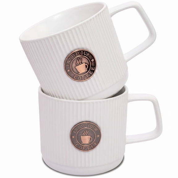 Topadorn Set of 2 White Ribbed Ceramic Mugs, 13oz, with Copper "Enjoy Your Coffee" Medallion, Stackable Coffee Cups for Home & Office