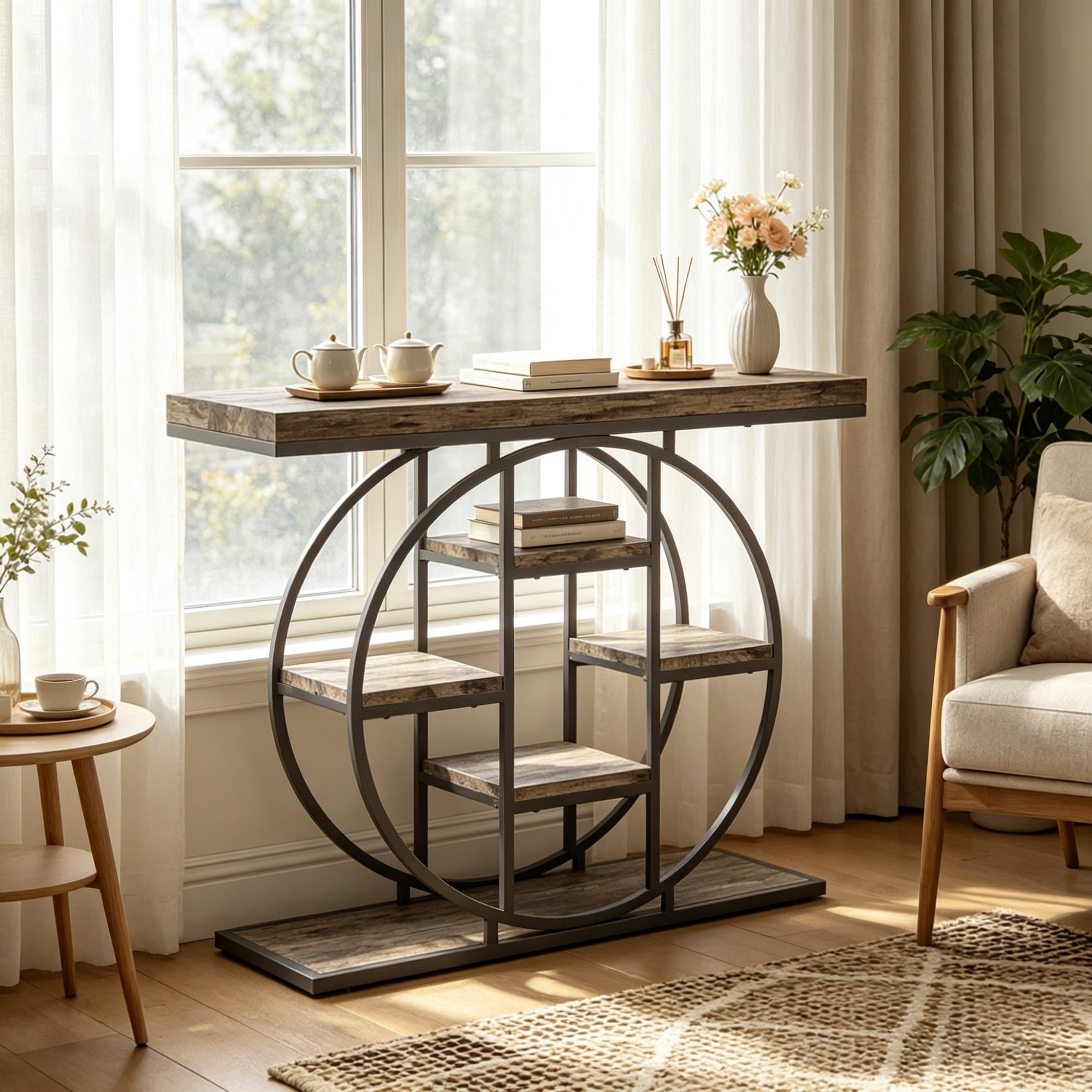 Industrial Sofa Table 39.4" Console Table with Storage Shelves Rustic Oak Finish for Living Room Hallway