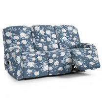 ZIATUBLES Stretch Recliner Sofa Covers White Rose Vintage Blue Printed Couch Slipcover 8 PCS 3 Seater Recliner Chair Covers Soft Fitted Furniture Protector with Storage Pocket for Living Room