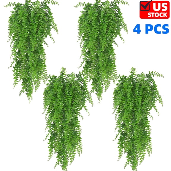 4 Pack Artificial Fake Hanging Ferns Plants Vine Fake Ivy Boston Outdoor UV Resistant Plastic, Green