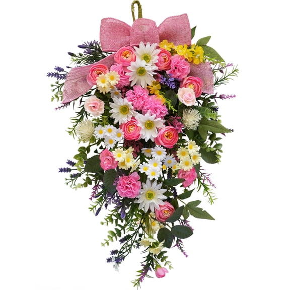Idyllic Handmade Silk Spring Summer Floral Berries and Bow Swag Artificial Wreaths, Pink
