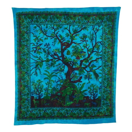 William Cotton Tapestry - Boho Tree of Life Tapestry, Wall Hanging, and Bedspread (Large, 7 X 8 Feet, Blue and Green, 100% Cotton, Fair Trade Certified)