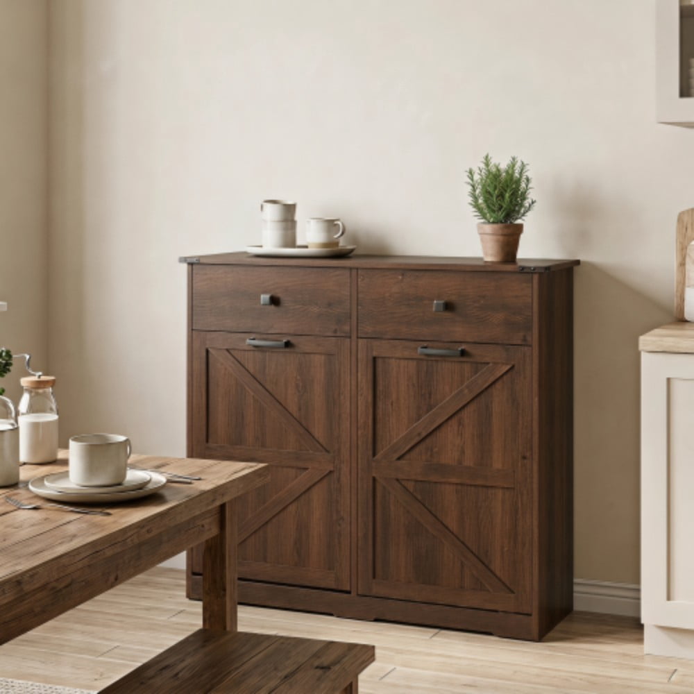 Farmhouse Double Tilt-Out Trash Cabinet, 2 x 10 Gallon Hidden Garbage Can Storage, Recycling Cabinet with Drawers, Barn Door Style, Walnut
