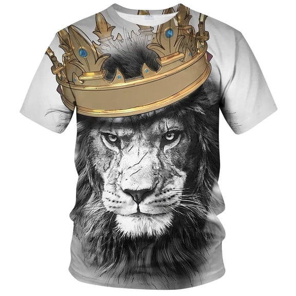 Lion King Men's Shirt Lion Head Wearing Crown Domineering White T-Shirt