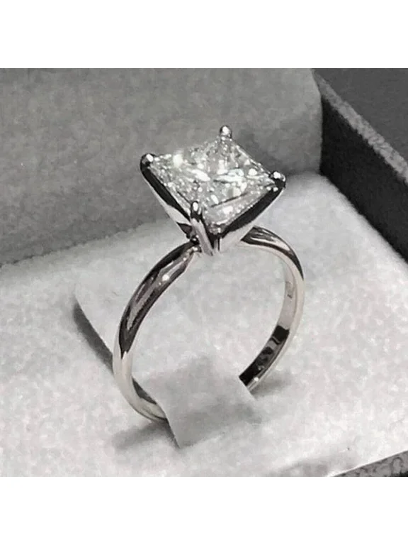 3Ct Princess Cut Moissanite Solitaire Engagement Ring 14K White Gold Plated