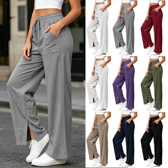 HomeDM Womens Wide Leg Pants Side Slit Hem High Waisted Sweat Pants Gray Comfy Joggers with Pockets Size L