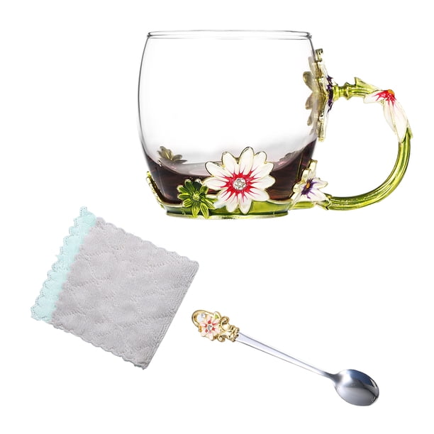 Billuyoard 350ml esmalte azul rosa flor taza de café de cristal 320ml Margarita leche té copas de vino whisky cóctel regalo chupito taza con cuchara Teteras Crisantemo Verde 320ML Billuyoard HA005099-03B