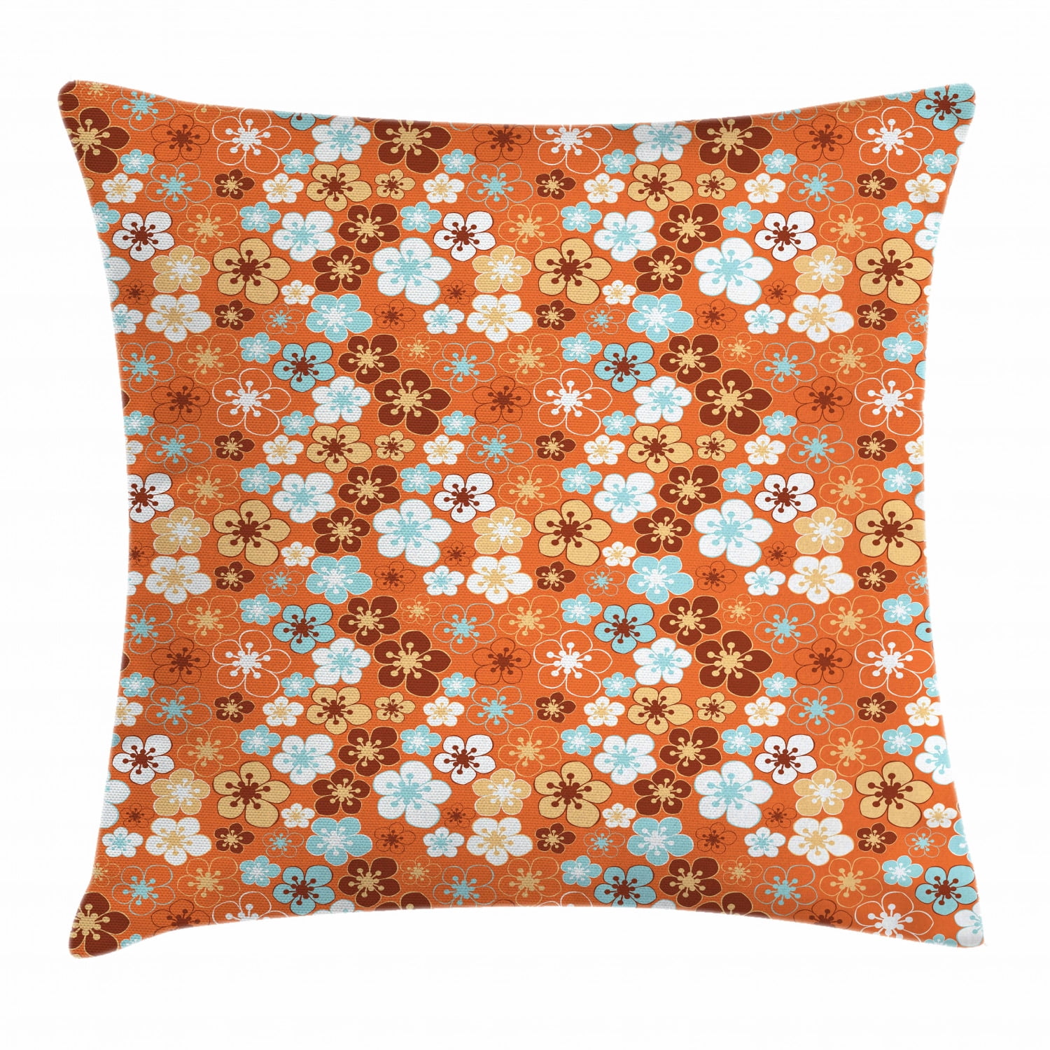 Orange Throw Pillow Cushion Cover, Cute Old Fashioned Doodle Flora