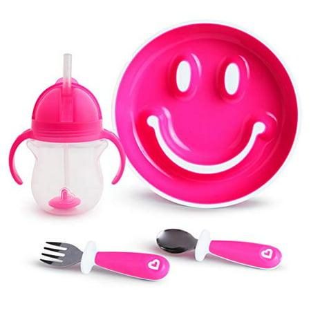 Munchkin Be Happy Toddler Dining Set, Includes Suction Plate, Straw Cup and Utensil Set, Pink