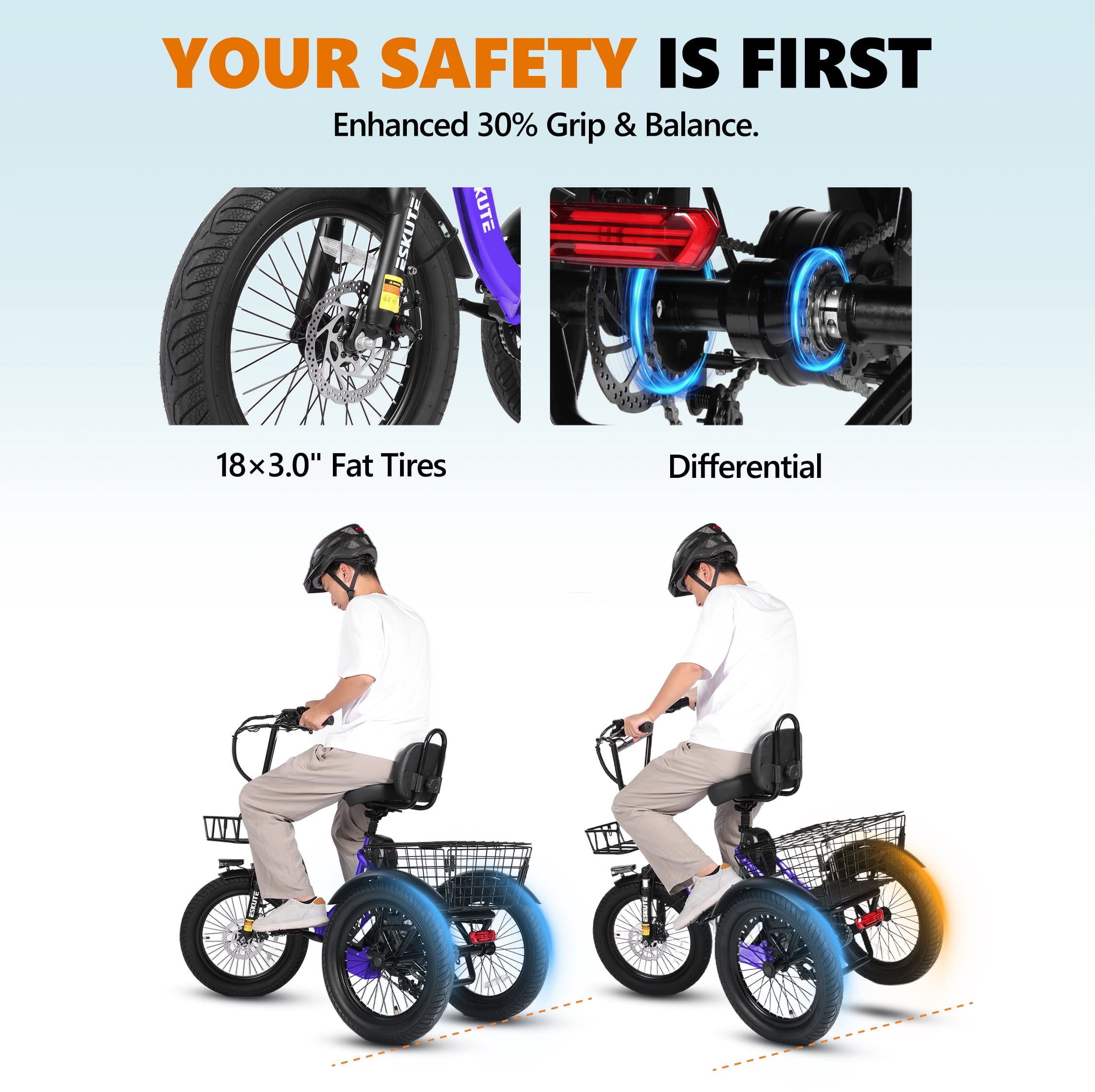 ESKUTE Purple E Trike Electric Bike, Peak 1200W Brushless Motor Folding Trike 18X3.0 Fat Tire Ebike, 499Wh Removable Battery, Step-Thru 3 Wheel Electric Bicycle, 48V 13AH 18MPH+ Tricycle for Adults
