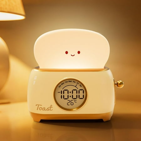 ABCISI Alarm Clock for Kids, Cute Toast Night Light Alarm Clocks for Bedrooms, Dimming Rechargeable Small Led Desk Clock with Snooze & Countdown for Room Decor, Bedside Clock for Girls Boys(Yellow)