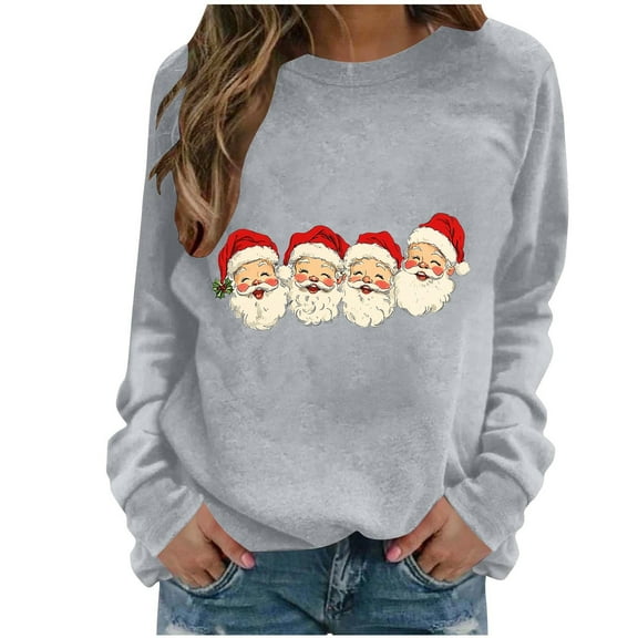 Cavosen Christmas Pullover Sweater Tops Crew Neck Long Sleeve Funny Pullover Santa Graphic Solid Stretch Loose Blouses Party Shirt Tops