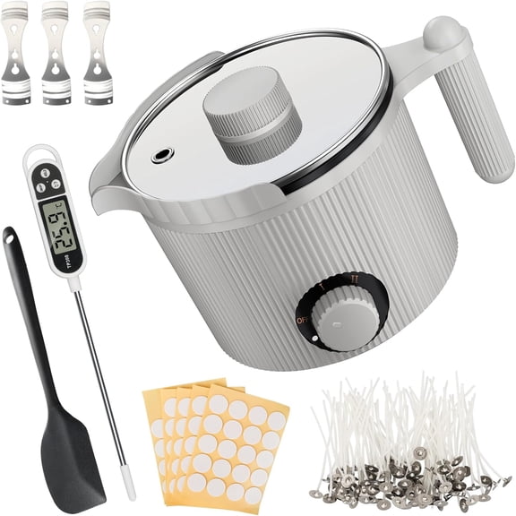 Candle Wax Melter with Pour Spout, Candle Making Kit for Adult Beginners, for Candle Making, Set Includes Wax Melting Pot, Stirring Spoon, Thermometer, Wick, Sticker and Centering Device - Grey