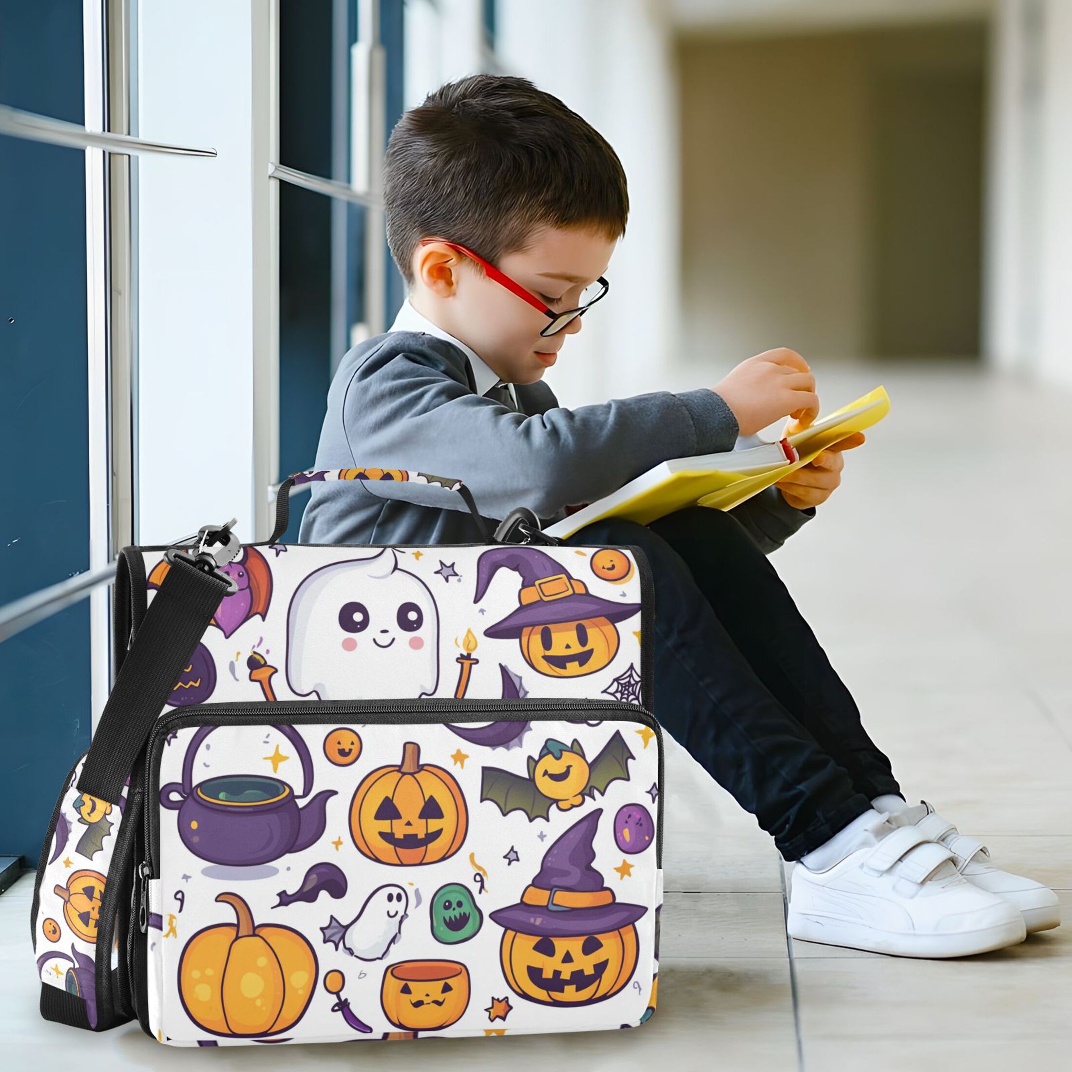 3 Ring Zipper Binder with Shoulder Strap Waterproof Trapper Keeper 2 Inch D-Ring 500 Sheets Capacity Cartoon Ghost Pumpkin Bats