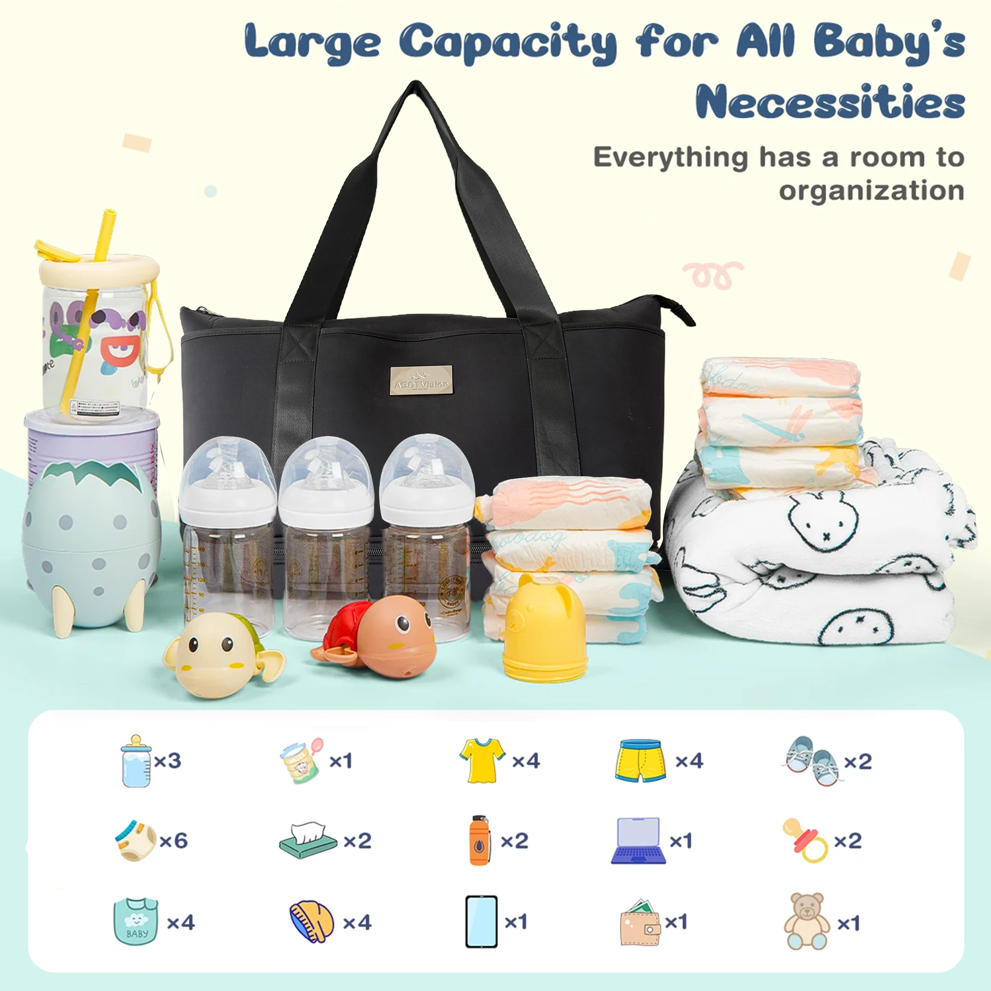 Diaper Bag Tote, Diaper Baby Bags With Mini Bag and Changing Pad, Shoulder Straps, Waterproof Large Mommy Maternity Travel Baby Tote for Mom and Dad, Black