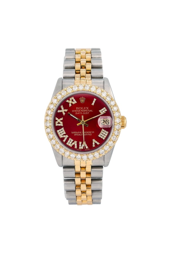Pre-Owned Rolex Datejust 31MM 68273 Red Roman Diamond Dial Diamond Bezel Two Tone Yellow Gold Jubilee Bracelet