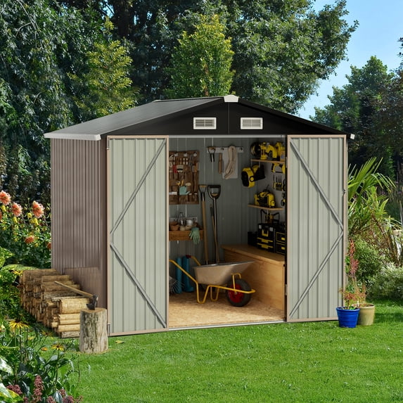 Sunmthink 4 x 6 ft Outdoor Metal Storage Shed with Double Lockable Door, Brown
