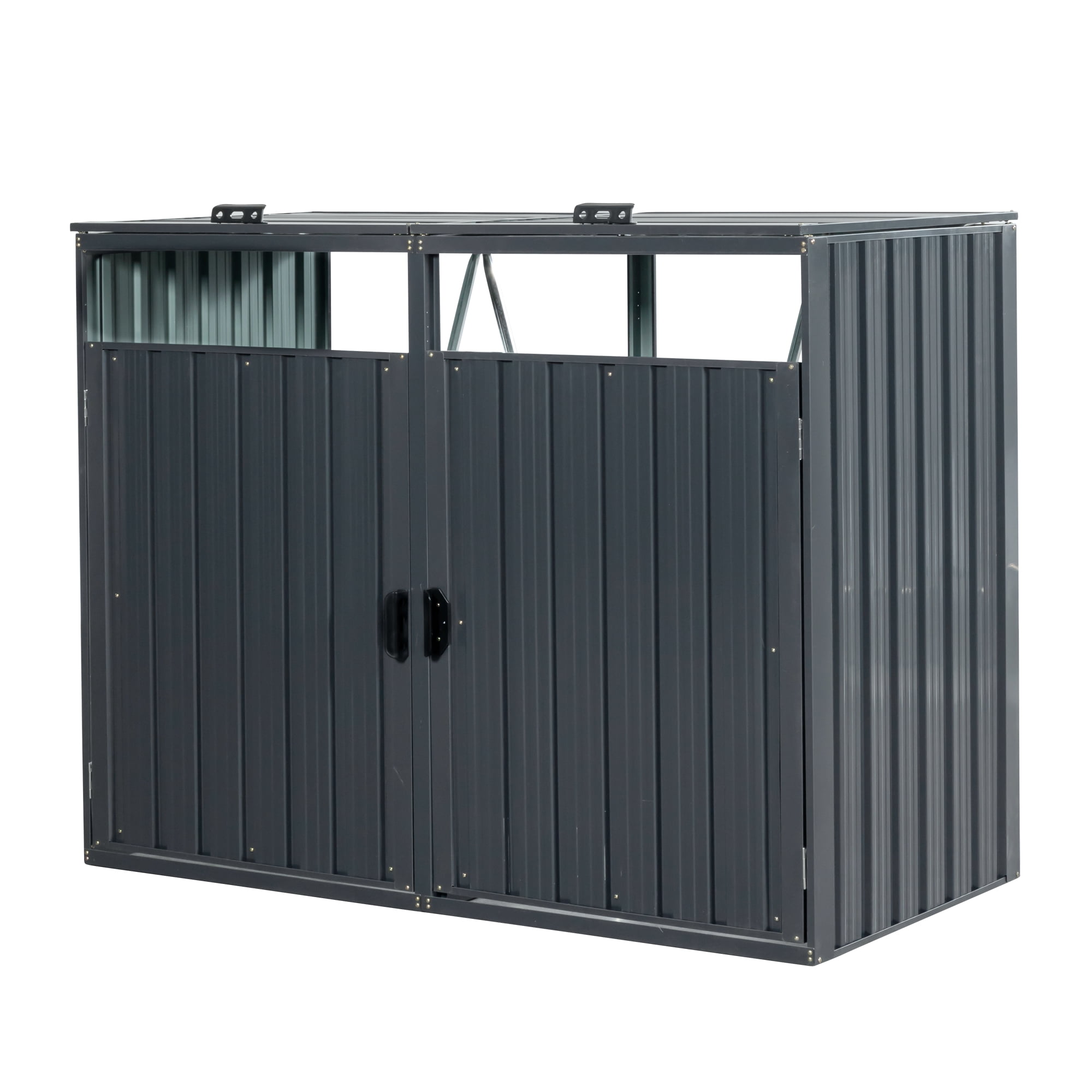 Trash Bin Storage Shed, Metal Outdoor Bin House for Double Garbage Can Storage Garden Yard Lawn, Charcoal Grey