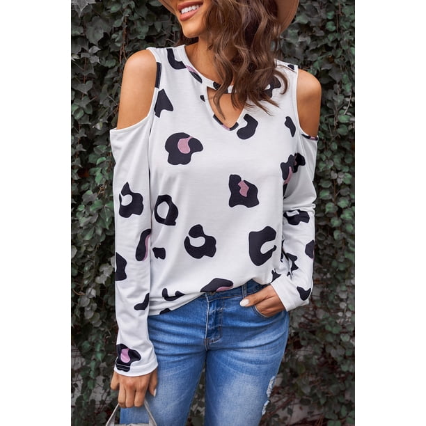 ABPHQTO Blusa de hombro descubierto con estampado de leopardo para mujer