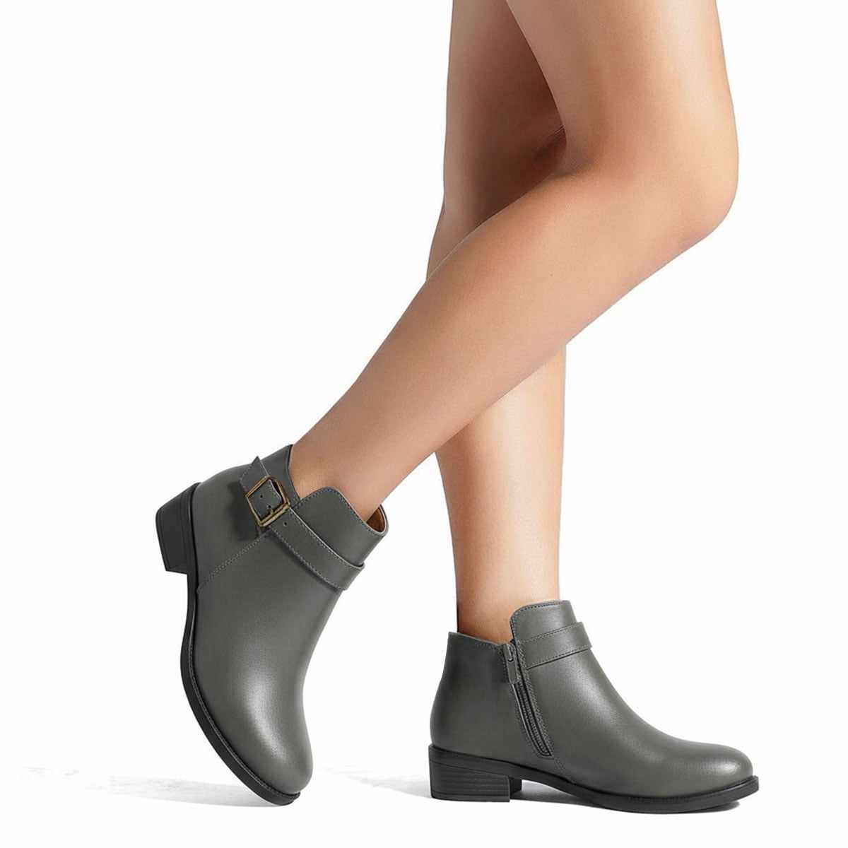 Ecetana Women's Chunky Low Heel Ankle Boots Round Toe Leather