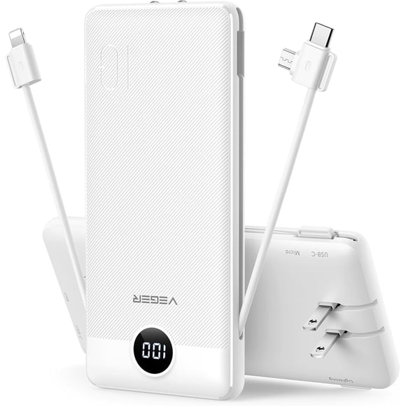 TEMOGU-Portable Charger, 10000mAh Power Bank with Built-in Cables&Wall Plug, USB C Phone Chargers 5 Outputs 2 Inputs Travel Essentials, Slim External Battery Pack Compatible with iPhone, Android(Whit