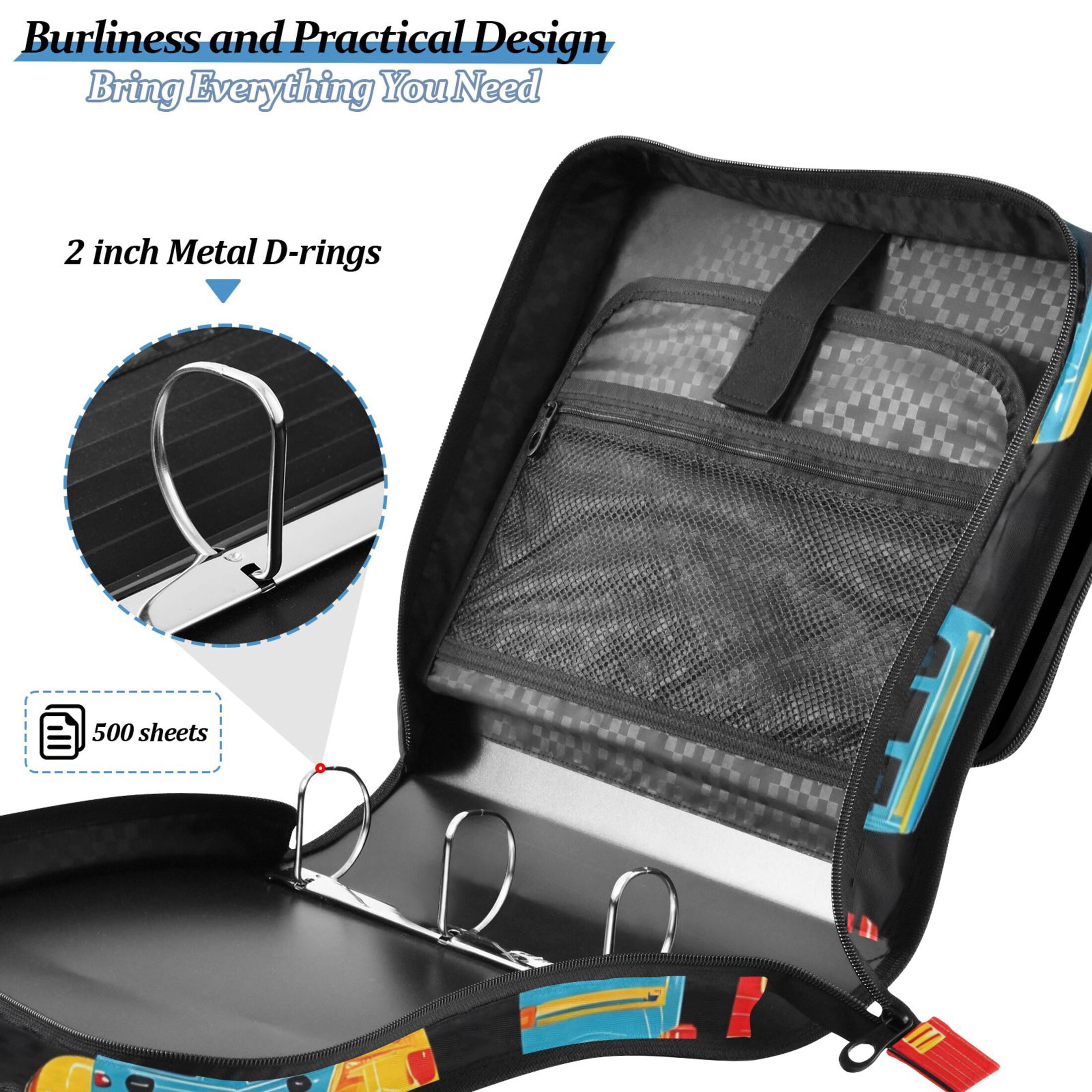 3 Ring Zipper Binder with Shoulder Strap Waterproof Trapper Keeper 2 Inch D-Ring 500 Sheets Capacity Fire Trucks