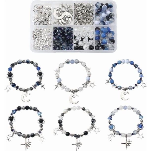1 caja de 314 piezas DIY, 6 juegos de pulseras, kit para hacer dijes de luna y estrella, cuentas de media luna, perlas de imitación de vidrio facetado azul, cuentas espaciadoras sueltas