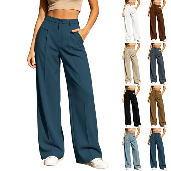 ClodeEU Women's High Waist Straight Leg Dress Pants with Pockets ,Business Casual Work Trousers Navy,Women's Plus L
