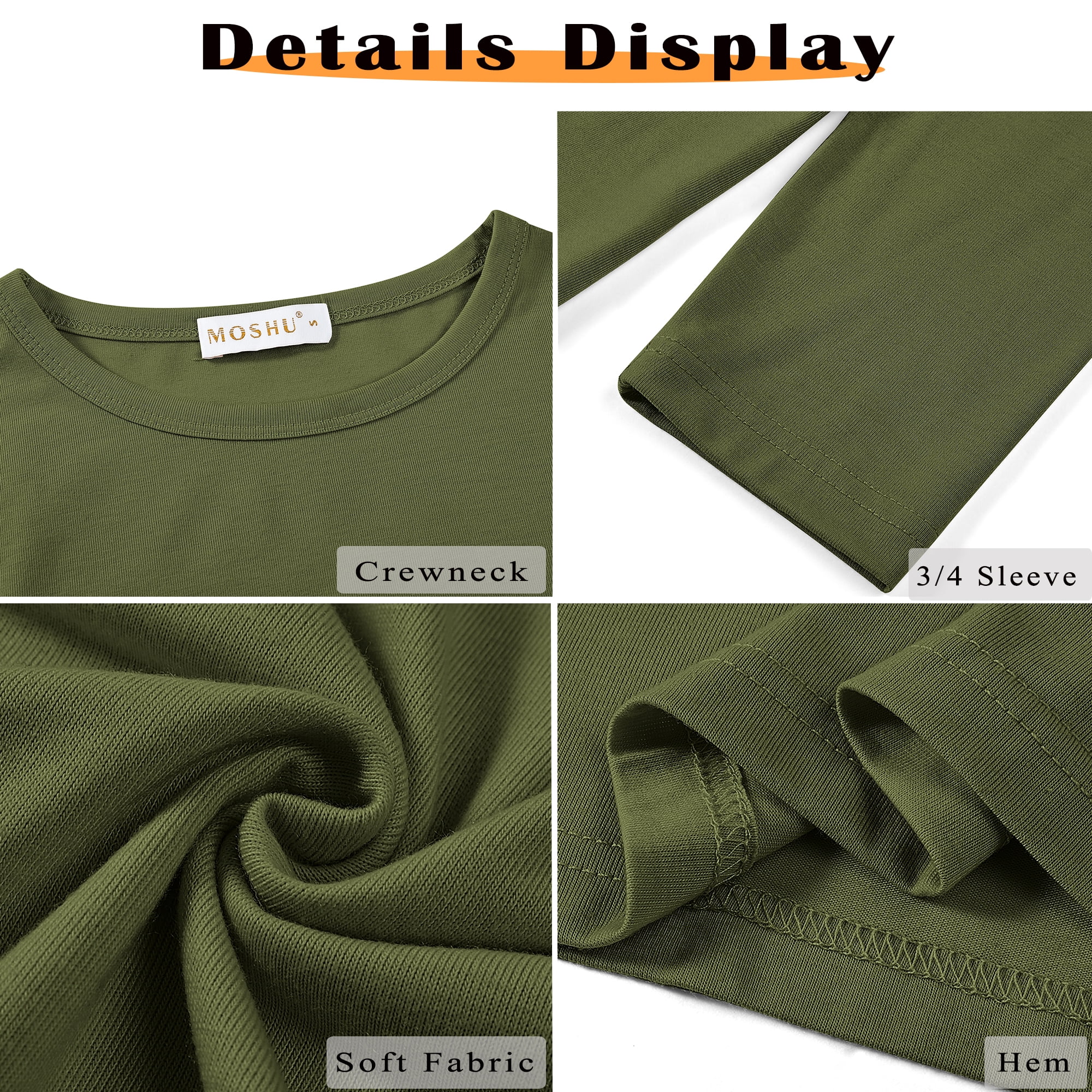 MOSHU 3 Pack 3/4 T Shirts for Womens Crew Neck Womens Shirts Dressy Basics Tees Casual Loose Fit Fall Tops