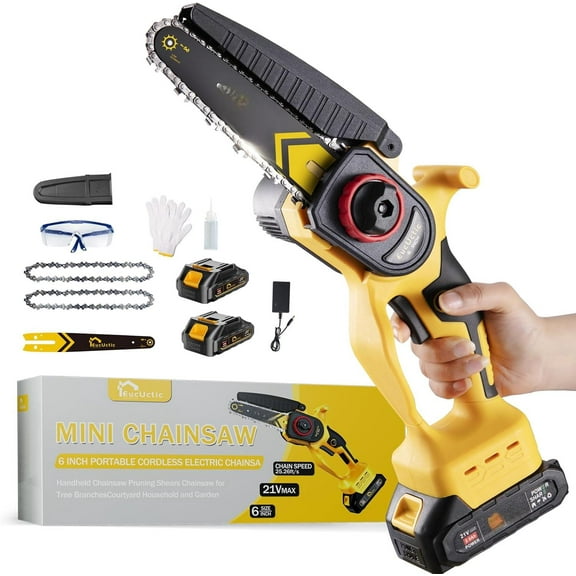Mini Chainsaw Cordless 6-Inch, 21V Small Chainsaw with 2 Battery Handheld Electric Chain saw–Lightweight&Safe for Wood Cutting, Tree Trimming, Home, Garden, DIY, Best Gifts for Dad, Women (yellow)