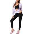 thumbnail image 3 of MODA NOVA Juniors Halloween Costume Casual Stand Collar Metallic Zip Crop Length Bomber Jacket Purple L, 3 of 7