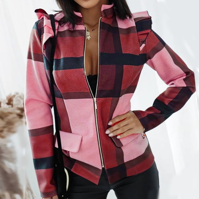 Puntoco Moda Mujer Casual Plaid Impreso Manga Larga Cremallera Slim Tops Outwear Chaquetas Liquidación Puntoco Puntoco-4428