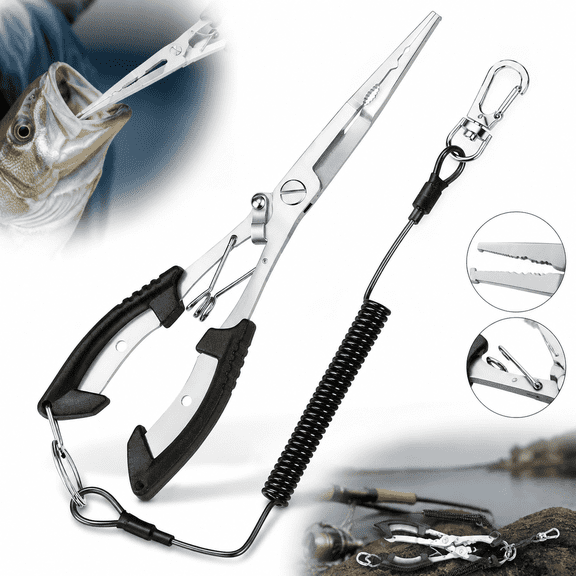Stainless Steel Fishing Pliers, Needle Nose Hook Remover with Braid Cutter & Split Ring, Rustproof Fishing Multitool with Lanyard for Saltwater Freshwater