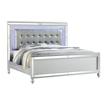 Contemporary Queen Size Wood Bed With Crystal Upholstered Headboard And Led Enhancement Silver Color Glamorous Upholstery