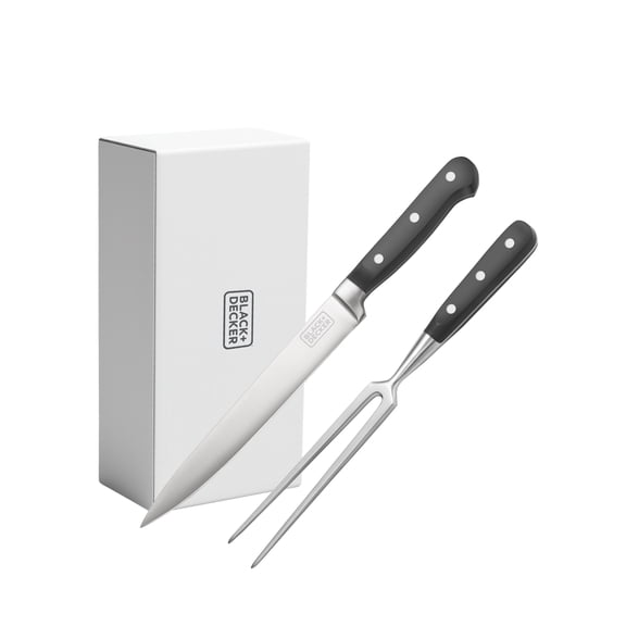BLACK DECKER 2-Piece Stainless Steel Carving Knife Set, 8” Carving Knife & 7” Fork, Kitchen Knife with 3CR13 Stainless Steel Blade, Meat Knife with Black ABS Handles, Magnetic Gift Box for Storage