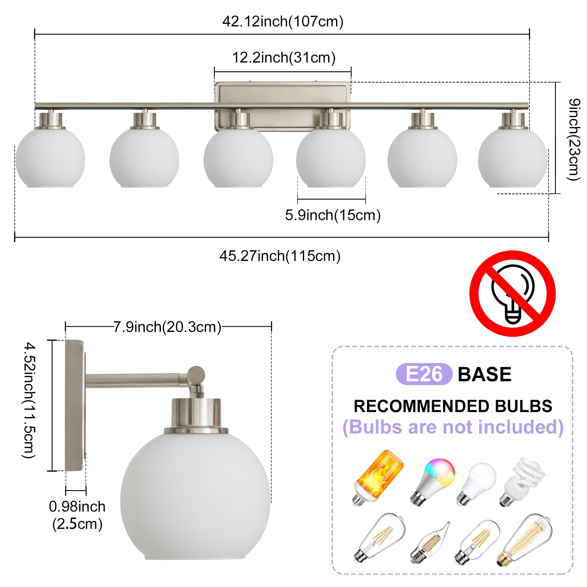 Deyidn 45.27" 6-Light Dimmable Bathroom Vanity Light - Nickel Finish with Milky White Glass Shades, Transitional Modern Design