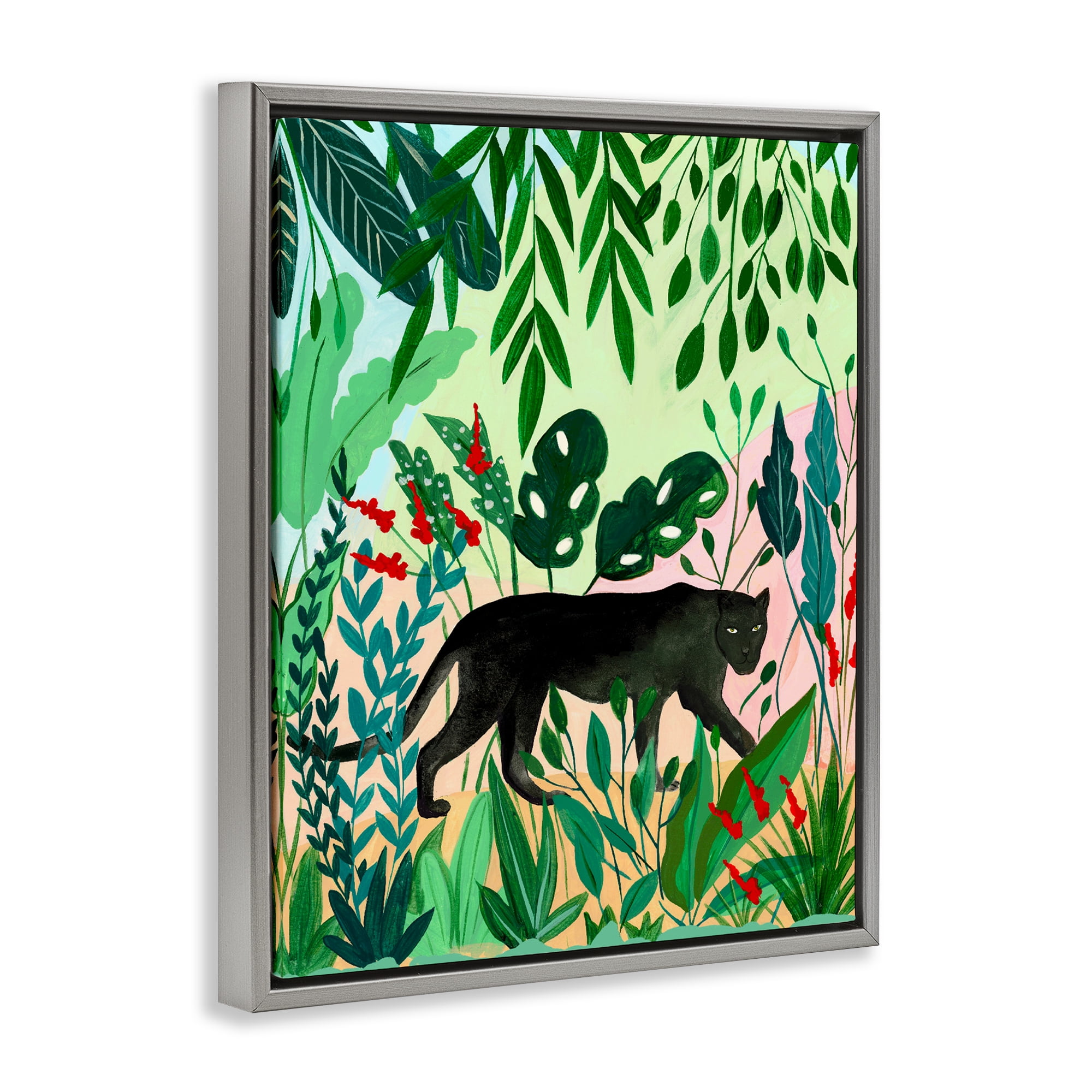 Stoic Panther Tropical Forest Gray Framed Floater Canvas Wall Art, design by Nabeela Rumi