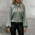 thumbnail image 4 of RYRJJ Womens Satin Silk Work Shirts Elegant Draped V Neck Dressy Casual Blouses Business Puff Long Sleeve Tunic Tops(Green,L), 4 of 8