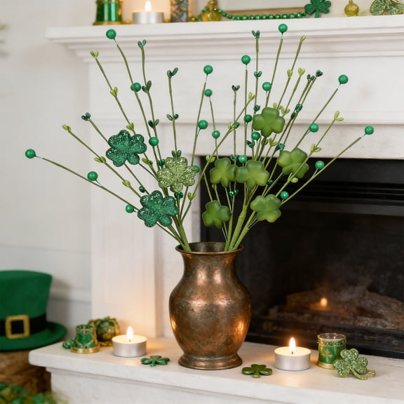 St. Patrick's Day Decorations Artificial Branches 15.3inch Artificial Shamrock Flower Picks Glittering Clover Berry Stems for Table Centerpiece Home Garden Party Floral Arrangement Decor