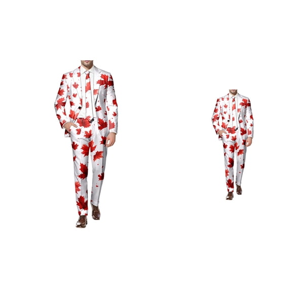 Men's 3-Piece Suit Set, Slim Fit Dress Tuxedo with Maple Leaf Floral Print, Lightweight Blazer Vest Pants for Wedding Party Vacation, Year Round Comfortable Attire