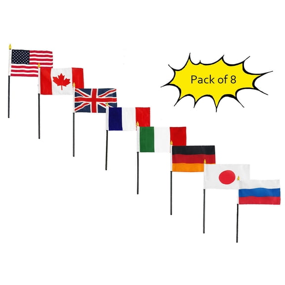 Set of 8 USA Canada UK France Italy Germany Plain Japan Russia 4"x6" Desk Flags
