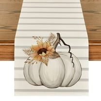Stripes Pumpkin Sunflower Leaves Fall Table Runner, Seasonal Autumn Kitchen Dining Table Decoration for Outdoor Home Party （33*183cm)